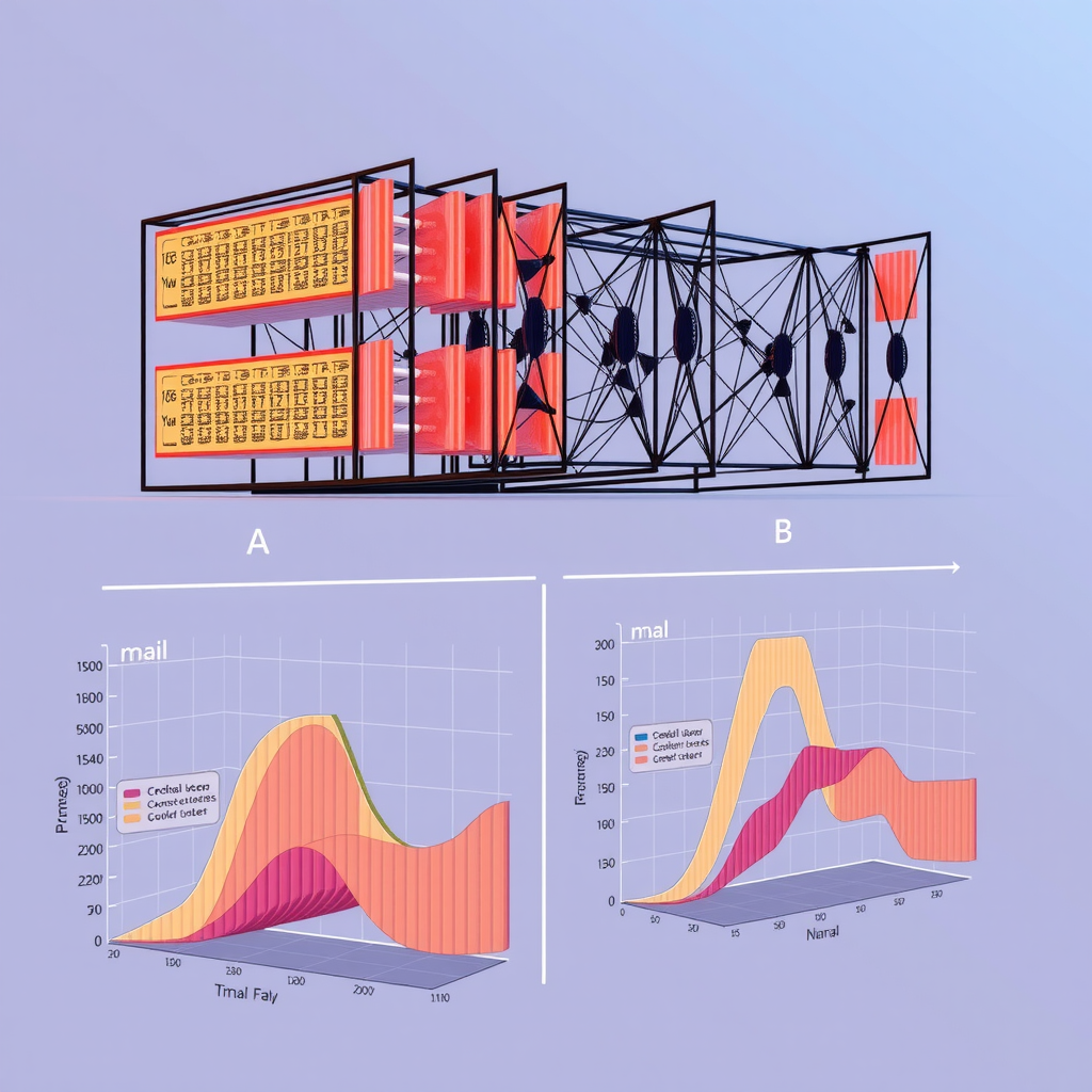 Визуализация архитектуры глубокого обучения для оценки кредитоспособности: нейронная сеть с множественными слоями, обрабатывающая финансовые данные, графики точности моделей и сравнение традиционных систем скоринга с адаптивными нейронными моделями