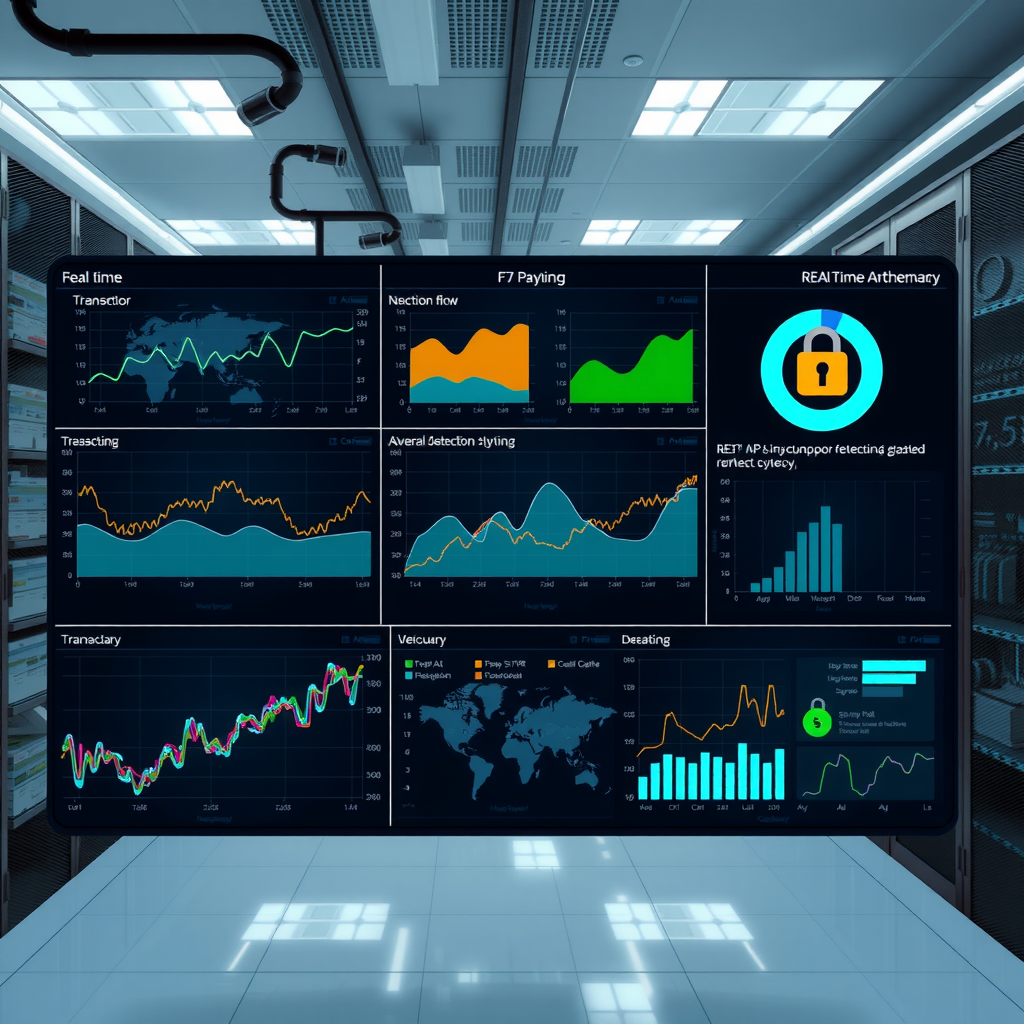 Визуализация системы мониторинга платежной сети в реальном времени с графиками потоков транзакций, алгоритмами обнаружения аномалий и панелями безопасности на фоне современного центра обработки данных