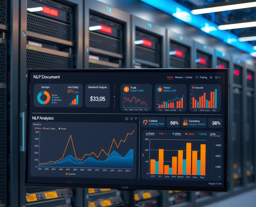 Современная панель анализа NLP с визуализацией обработки финансовых документов, графиками sentiment analysis и интерфейсом машинного обучения на фоне серверной инфраструктуры