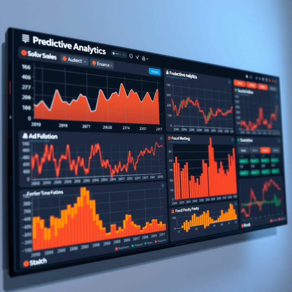 Интерактивная панель предиктивной аналитики с графиками временных рядов, прогнозными моделями и визуализацией данных финансовых рынков в реальном времени