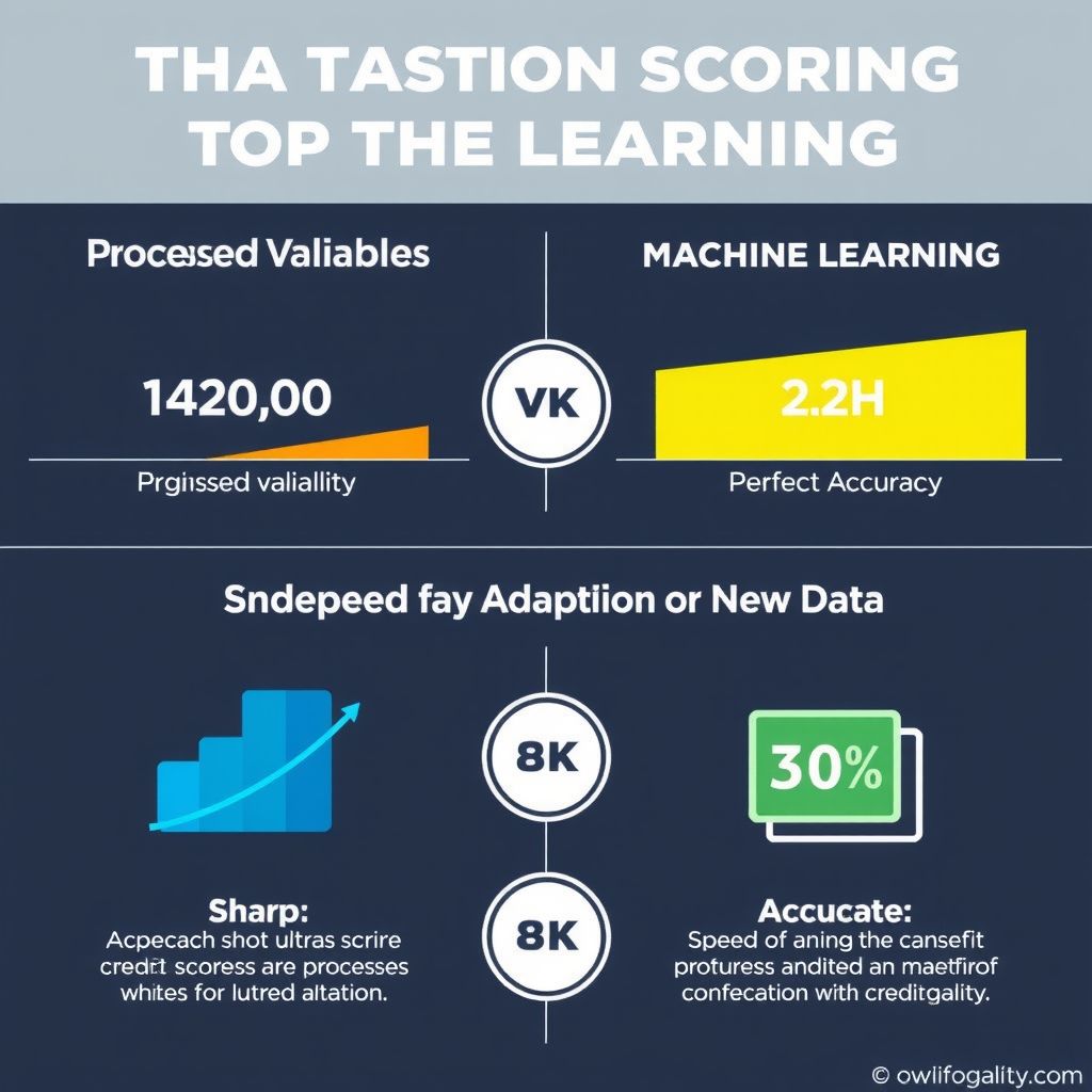 Сравнительная инфографика традиционного кредитного скоринга и систем на основе машинного обучения, показывающая количество обрабатываемых переменных, точность прогнозирования и скорость адаптации к новым данным
