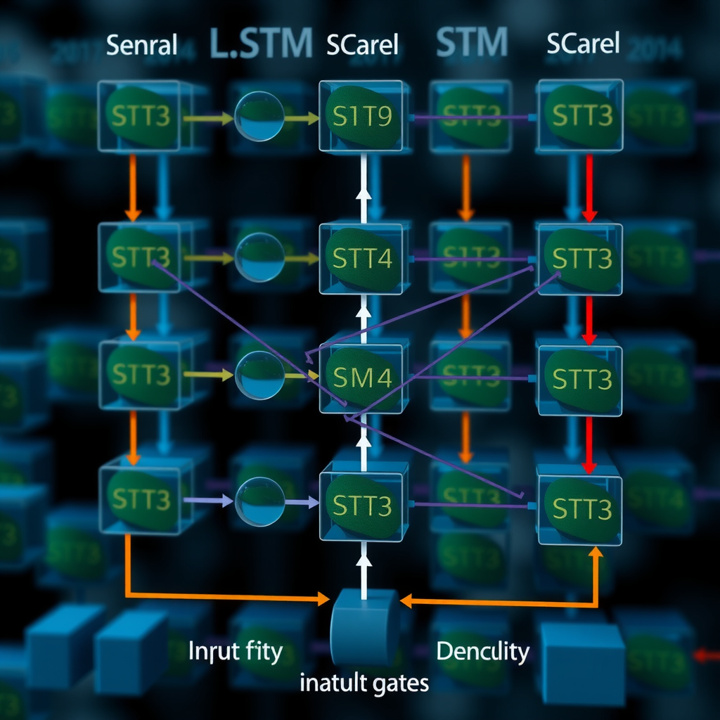 Детальная схема структуры LSTM-сети с ячейками памяти, входными и выходными вентилями, демонстрирующая обработку последовательных финансовых данных