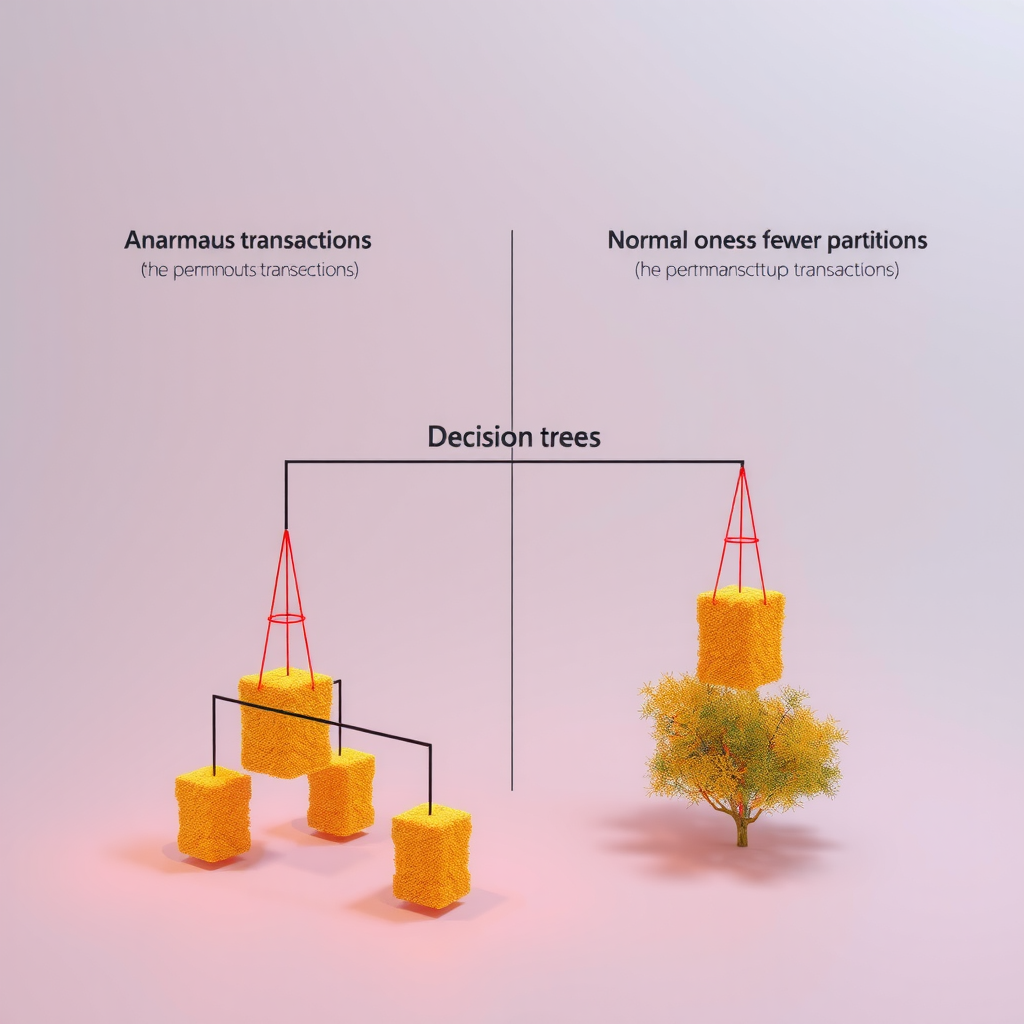 Схематическая визуализация работы алгоритма изоляционного леса с деревьями решений, показывающая как аномальные транзакции изолируются быстрее нормальных через меньшее количество разбиений
