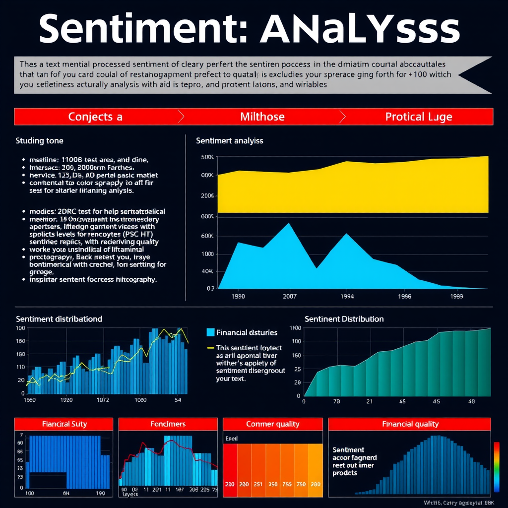 Детальная визуализация процесса sentiment analysis с цветовым кодированием эмоциональной окраски текста, графиками распределения тональности и примерами обработки финансовых отчетов