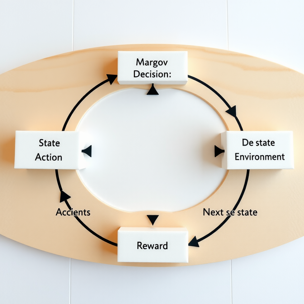 Диаграмма марковского процесса принятия решений, показывающая циклическое взаимодействие между агентом и средой: состояние, действие, награда, следующее состояние