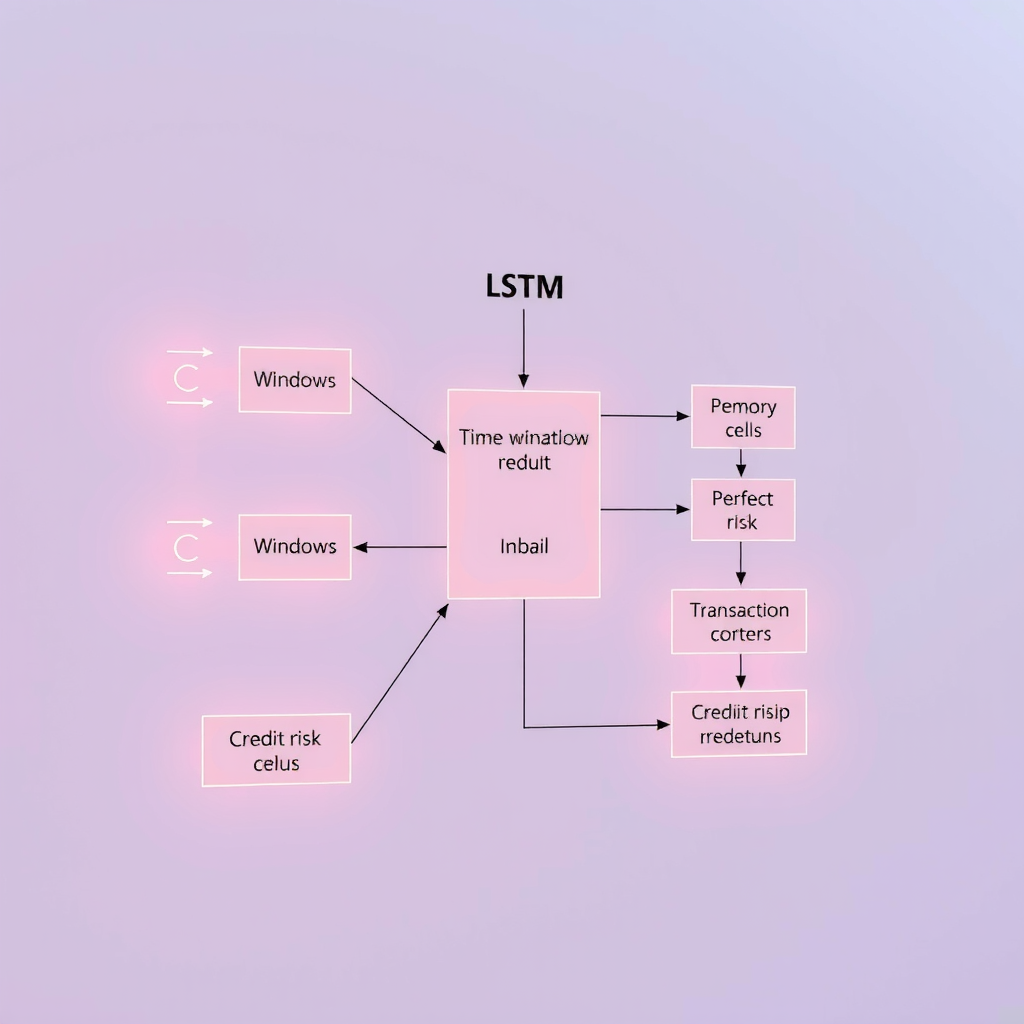 Диаграмма потока данных через LSTM-сеть для анализа транзакций, показывающая временные окна, ячейки памяти, gates механизмы и выходные предсказания кредитного риска