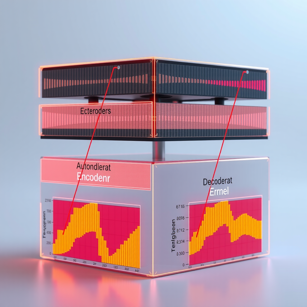 Архитектура автокодировщика для обнаружения финансовых аномалий, показывающая слои энкодера, латентное пространство и декодер с визуализацией ошибок реконструкции для нормальных и аномальных транзакций