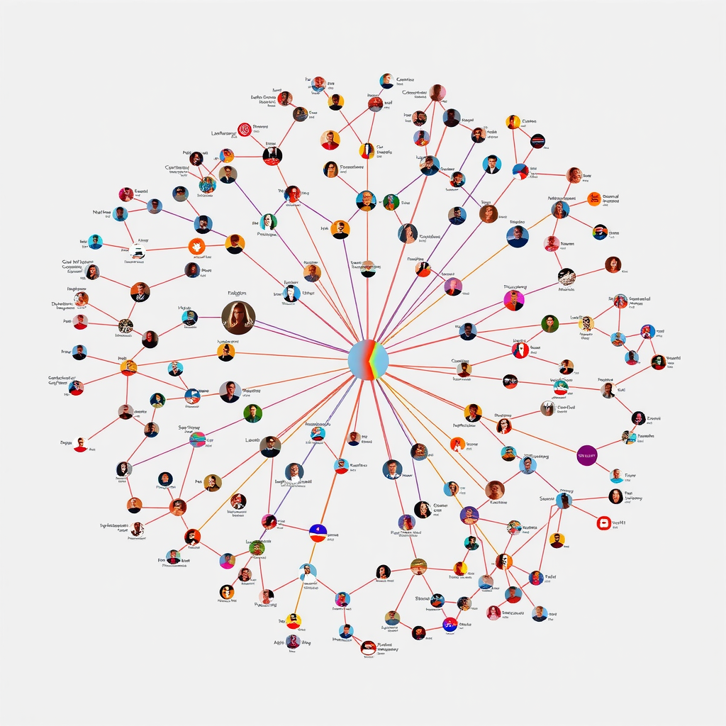 Сложный граф знаний с узлами, представляющими компании, продукты и персоны, соединенными цветными линиями различных типов связей, визуализация сетевого анализа финансовых взаимоотношений