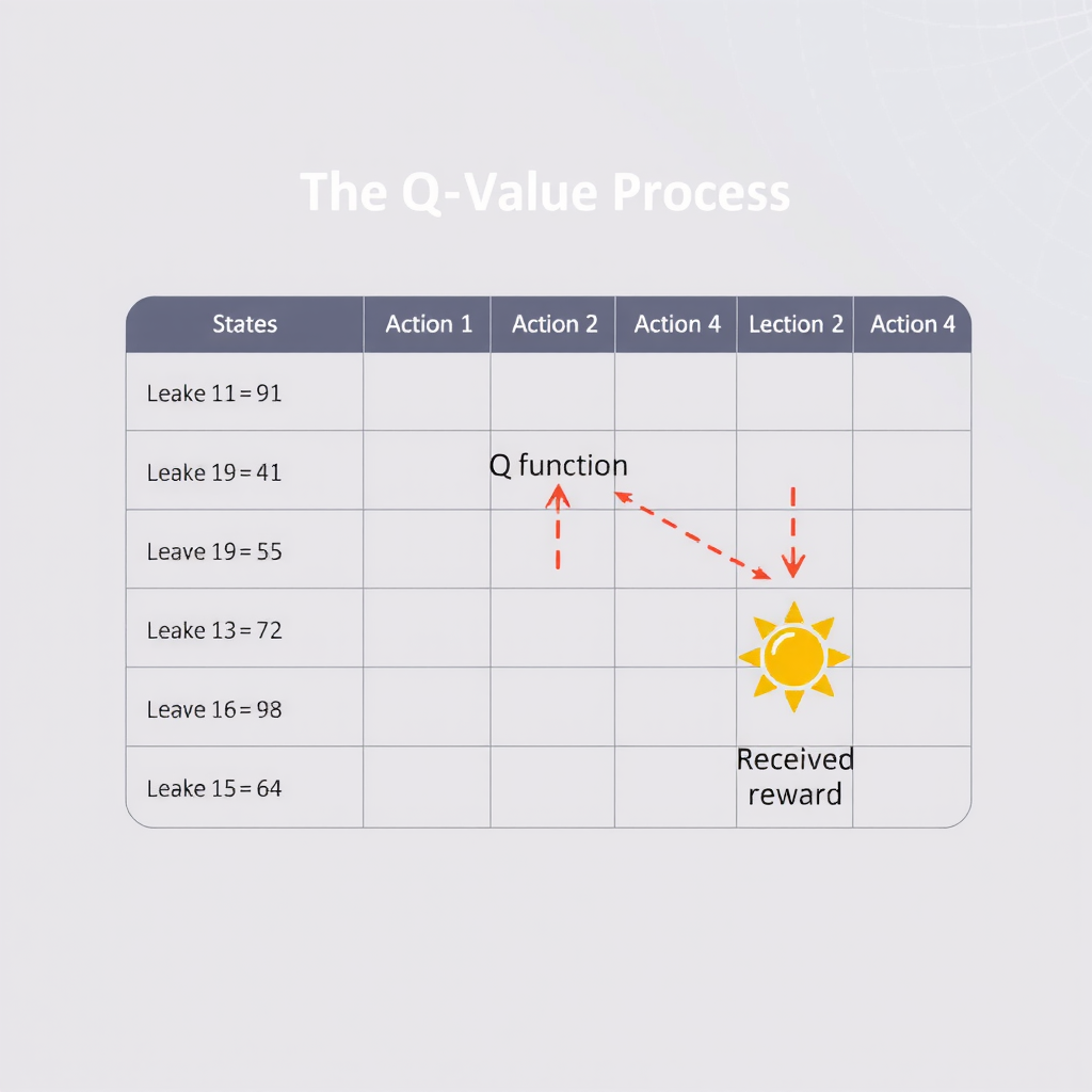 Визуализация процесса обновления Q-значений: таблица Q-функции с состояниями и действиями, стрелки показывают обновление значений на основе полученной награды
