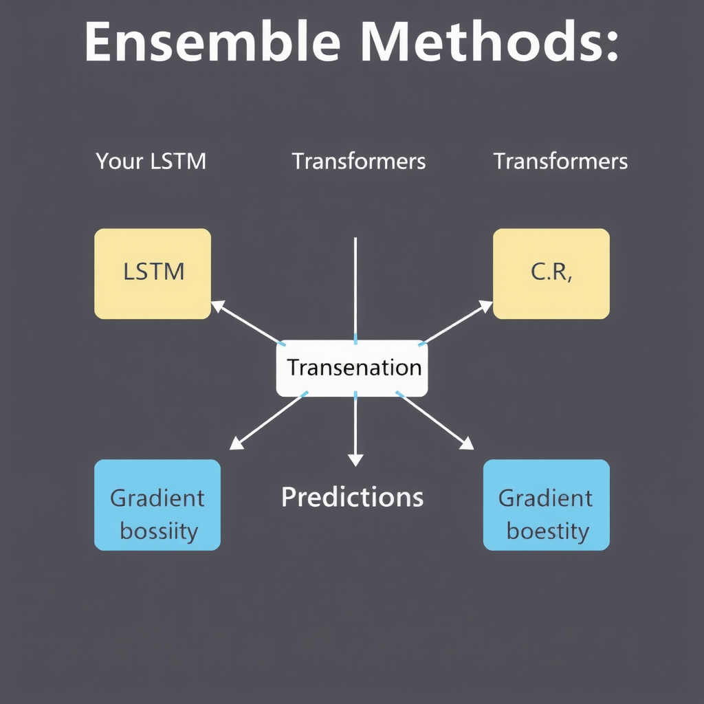 Диаграмма ансамблевых методов, показывающая комбинацию различных базовых моделей (LSTM, трансформеры, градиентный бустинг) и механизм агрегации их предсказаний