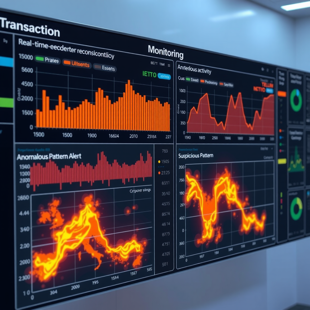 Панель мониторинга транзакций в реальном времени с графиками ошибок реконструкции автокодировщика, тепловыми картами аномальных паттернов и системой оповещений о подозрительной активности