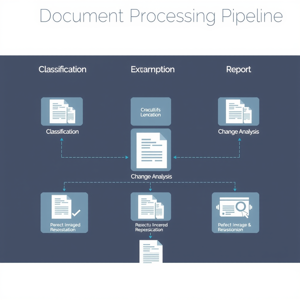 Визуализация конвейера обработки документов с этапами классификации, извлечения данных, анализа изменений и генерации отчетов, схема автоматизированной системы обработки регуляторных документов