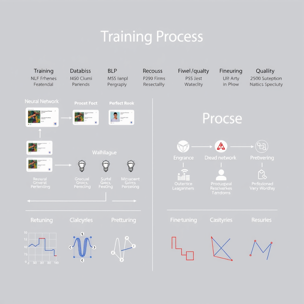 Схема процесса обучения финансовой NLP-модели с визуализацией датасетов, архитектуры нейронной сети, процесса fine-tuning и метрик качества, инфографика машинного обучения