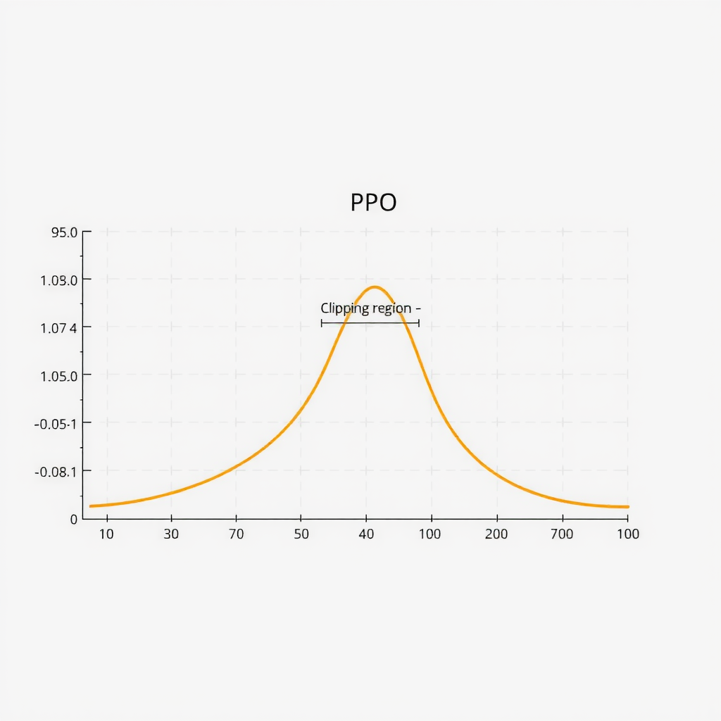 График функции потерь PPO, показывающий механизм обрезки: кривая целевой функции с плато в области обрезки, демонстрирующая ограничение обновлений политики
