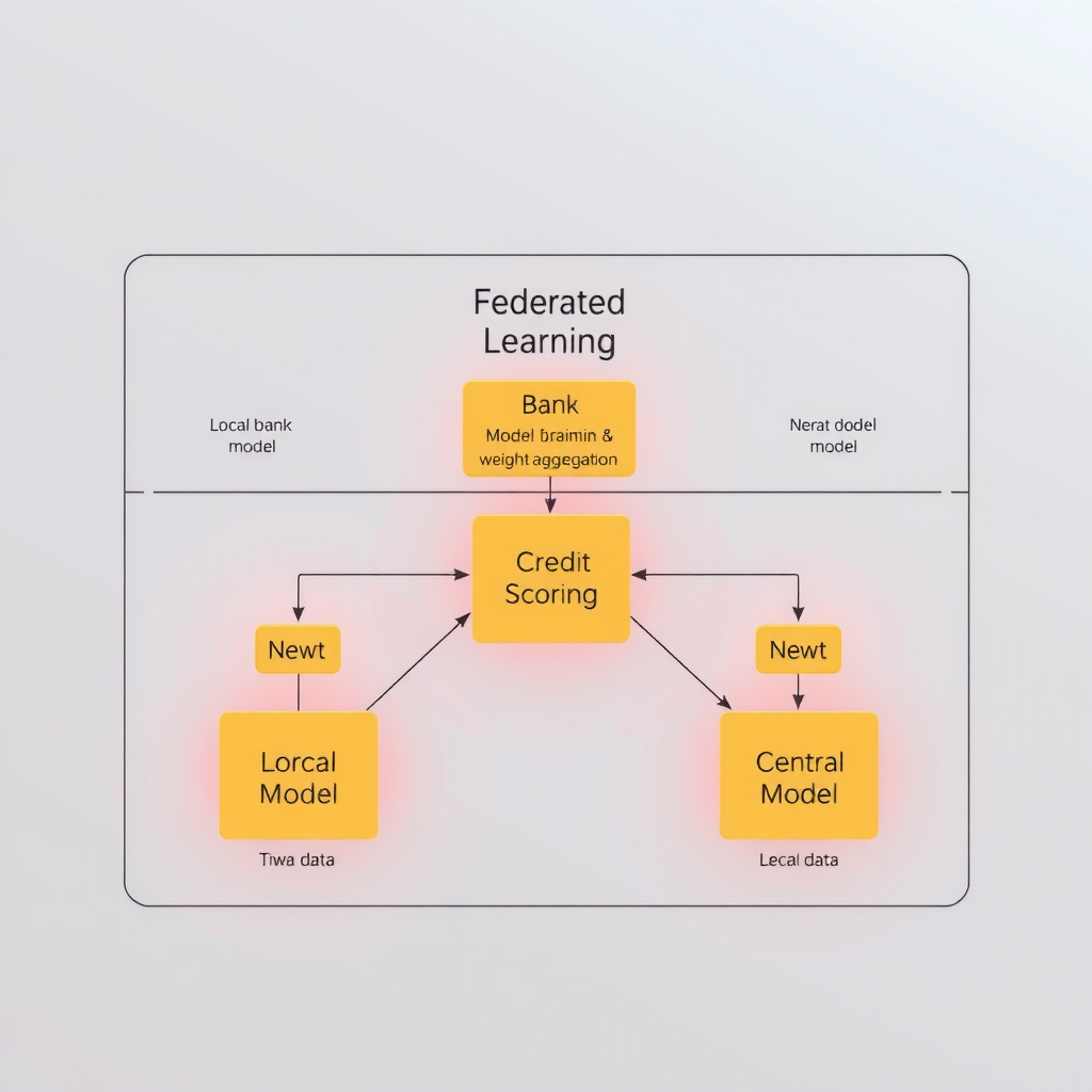 Схема архитектуры федеративного обучения для кредитного скоринга, показывающая распределенные узлы банков, локальное обучение моделей, агрегацию весов и центральную модель без передачи сырых данных