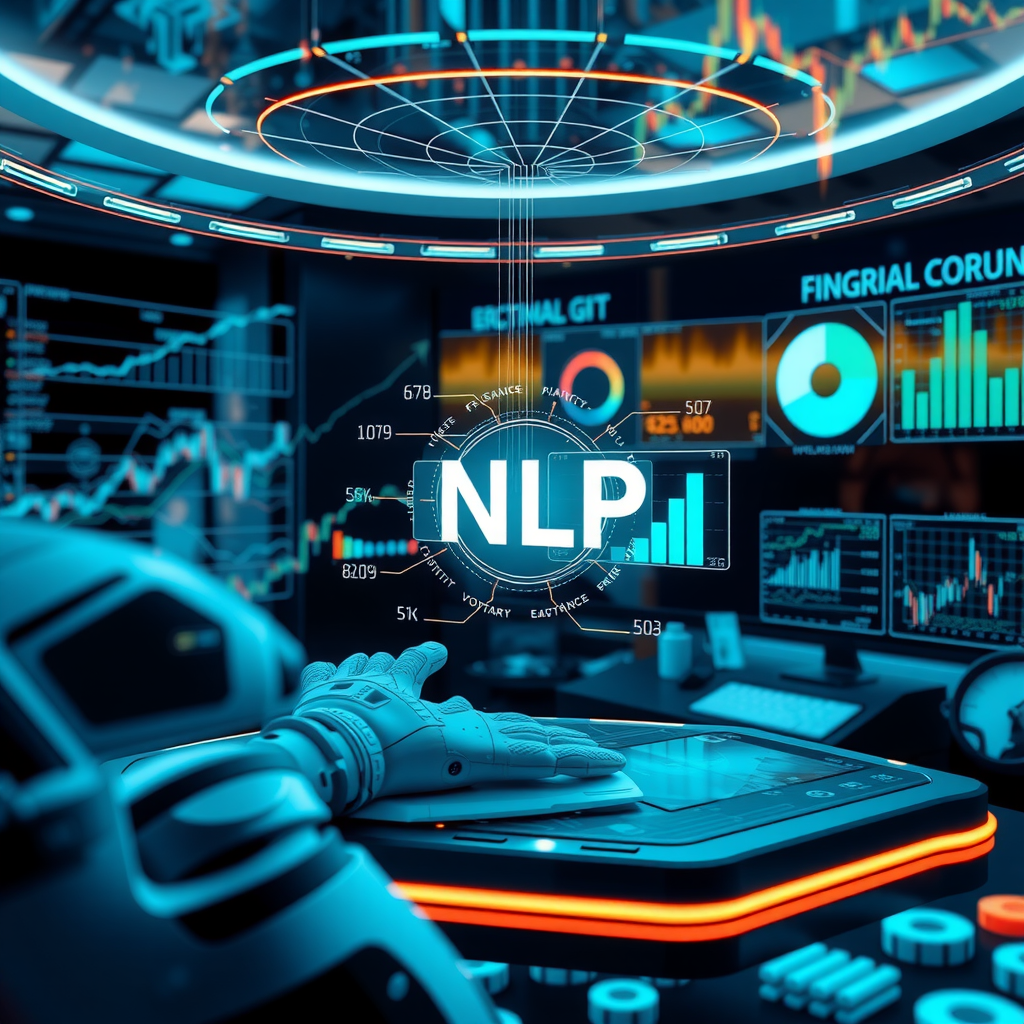 Футуристическая визуализация будущего NLP в финансах с голографическими интерфейсами, AI-ассистентами, интеграцией различных источников данных и продвинутыми аналитическими инструментами