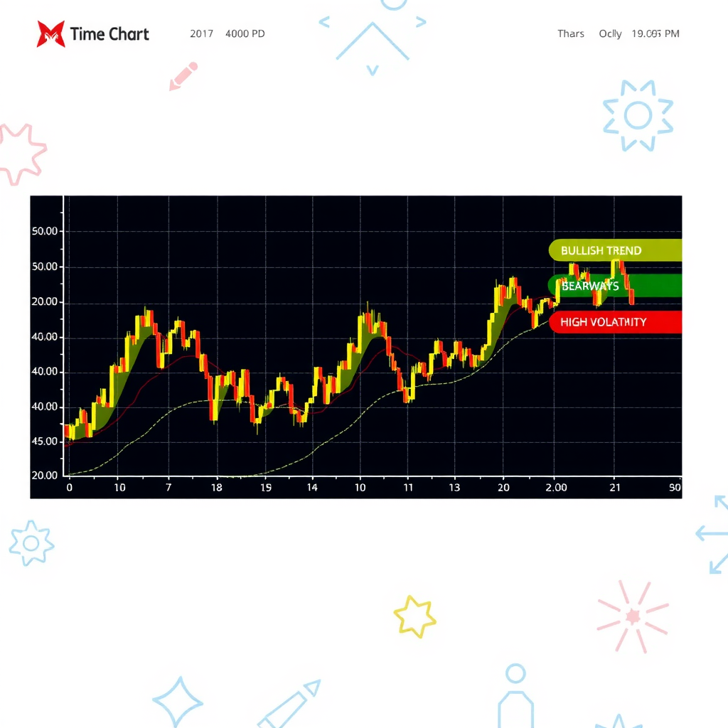 График временного ряда рыночных данных с выделенными различными режимами: бычий тренд, медвежий тренд, боковое движение, высокая волатильность
