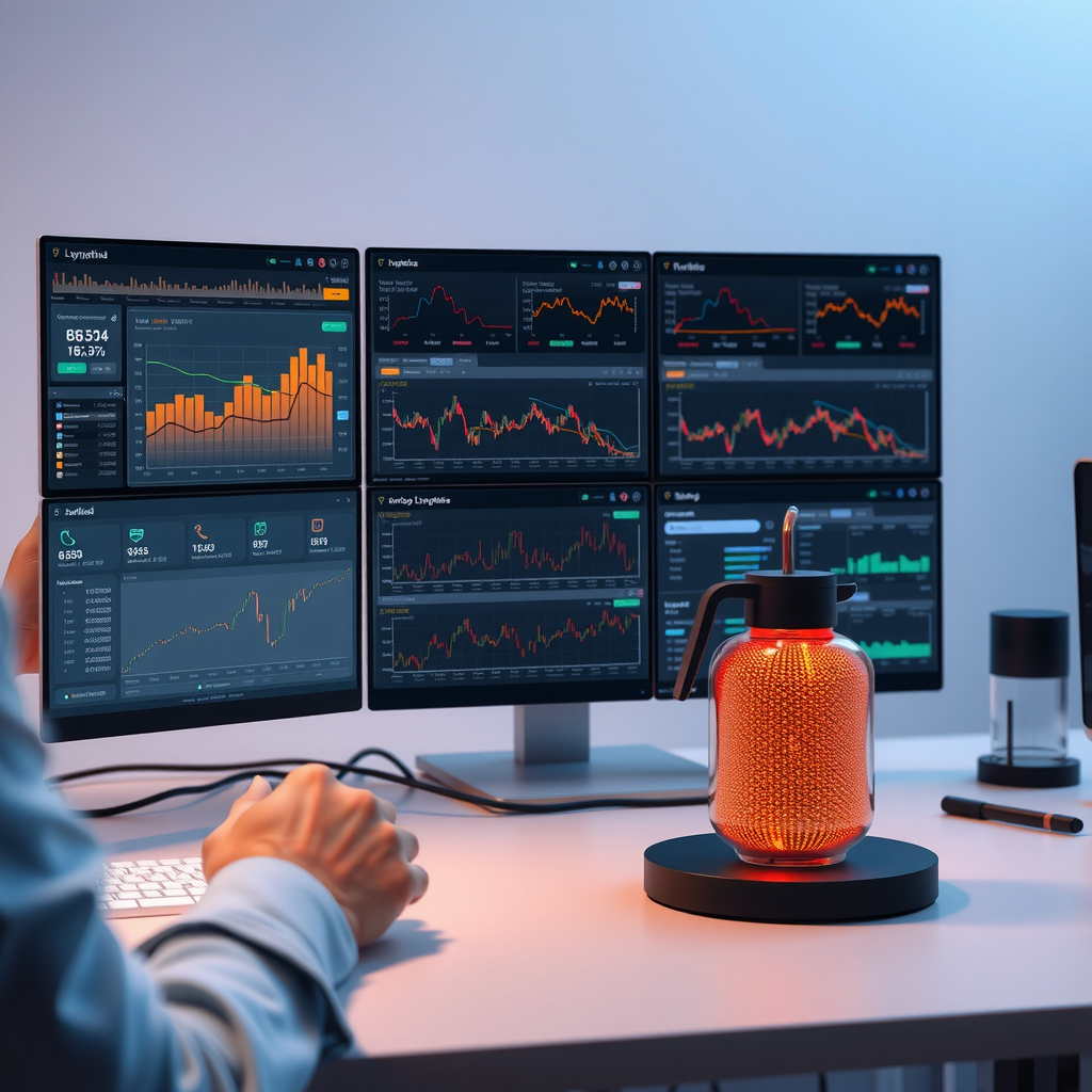 Обзор платформы Lyranthium с интерфейсами различных аналитических инструментов, графиками данных и визуализацией работы алгоритмов машинного обучения в финансовой среде